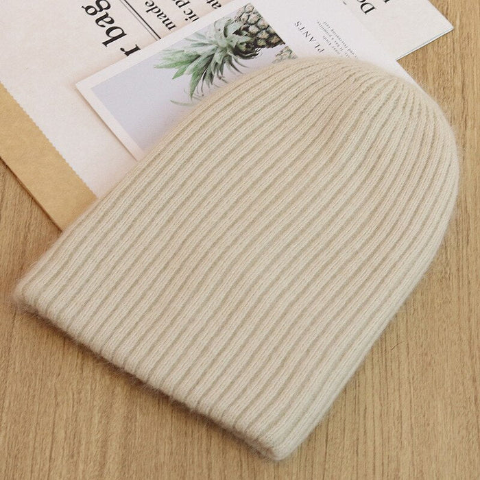 Soft Rabbit Fur Knitted & Striped Winter Beanie