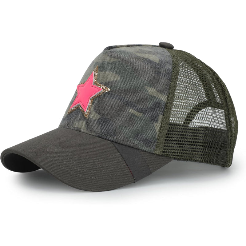 Mesh Trucker Hat Adjustable Snapback Cap With Star Patch