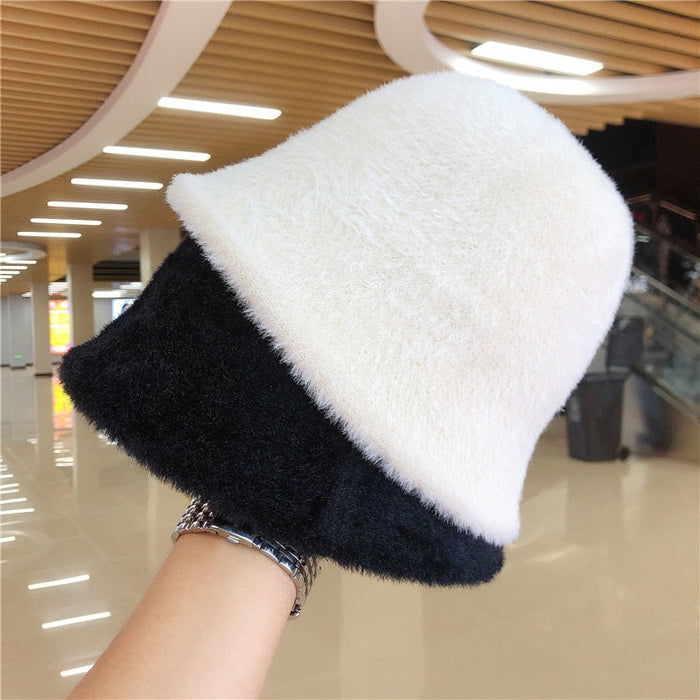 Faux Mink Fur Retrograde Knitted Winter Bucket Hat