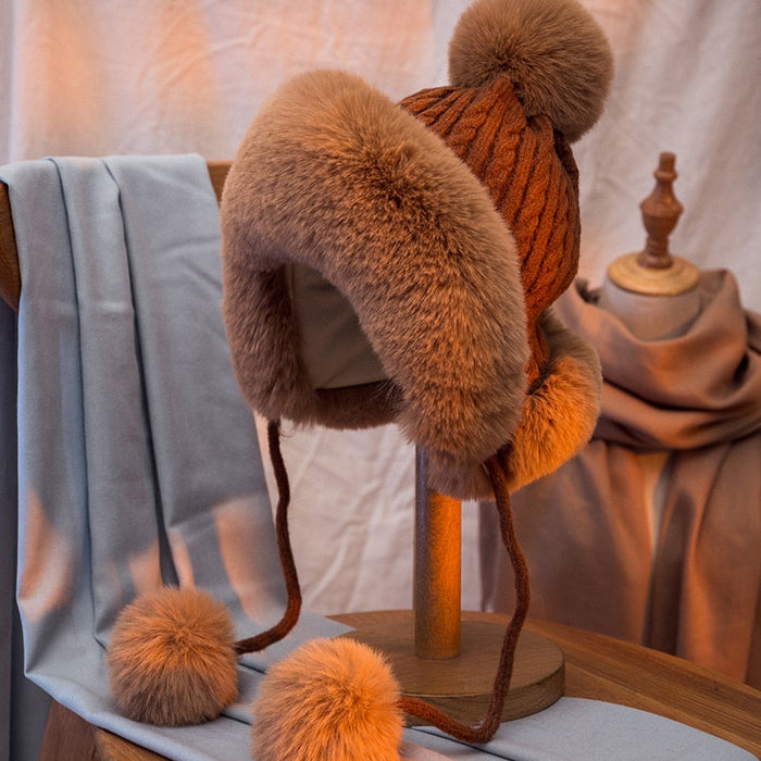 Wool Earflap Pom Pom Hat | Faux Fur Beanie