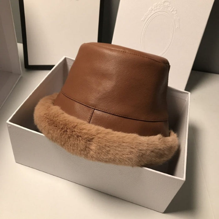 Warm Winter Leather Bucket Hats For Women