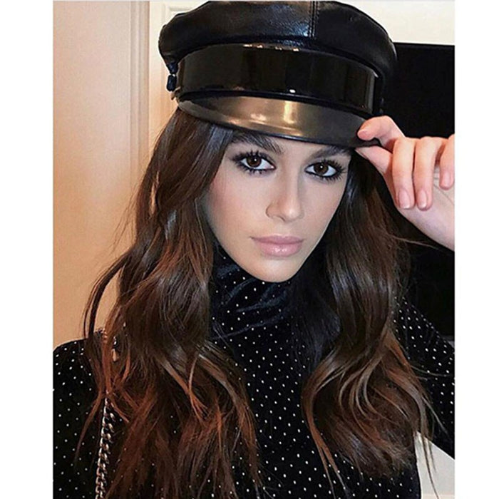 Flat-Topped Faux Leather Navy Military Cap