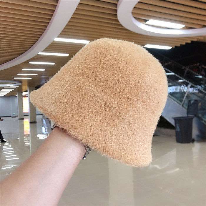 Faux Mink Fur Retrograde Knitted Winter Bucket Hat