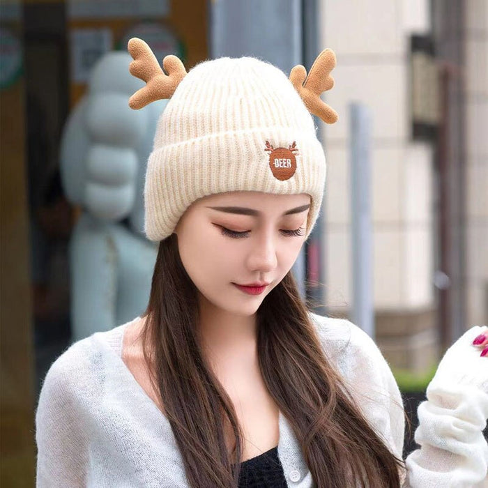 Plush Cotton Knitted Deer Antlers Winter Beanie