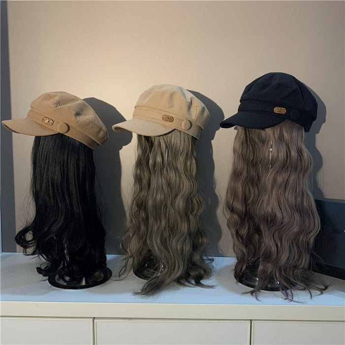 Stylish Long Curly False Hair Patchwork Hat