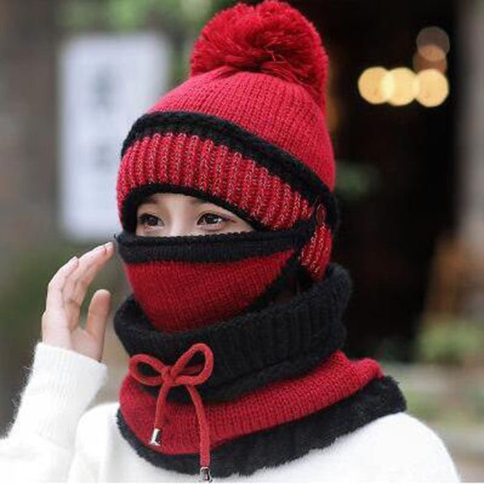 3Pcs Warm Fleece Knitted Scarf Mask Hat Outdoor Combo