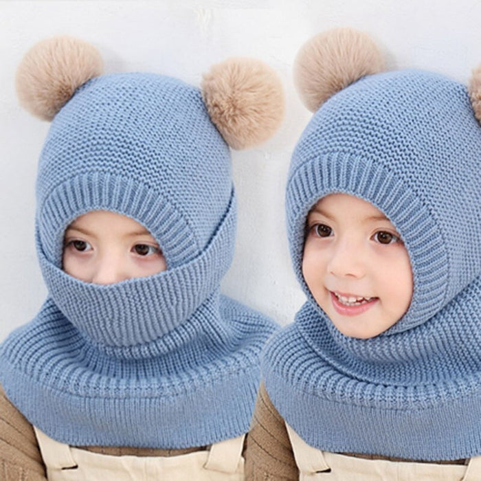 Children's Double Warm Lining Pom Pom Hat & Mask Combo