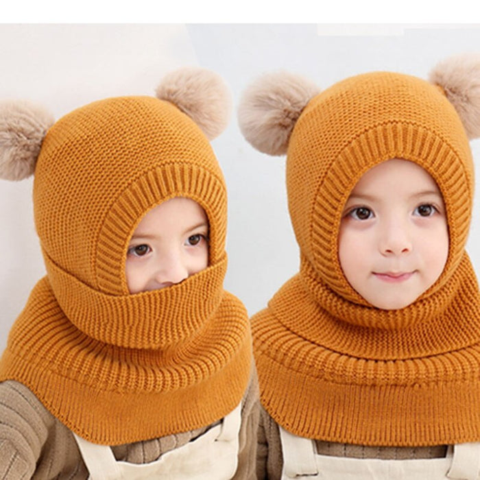 Children's Double Warm Lining Pom Pom Hat & Mask Combo