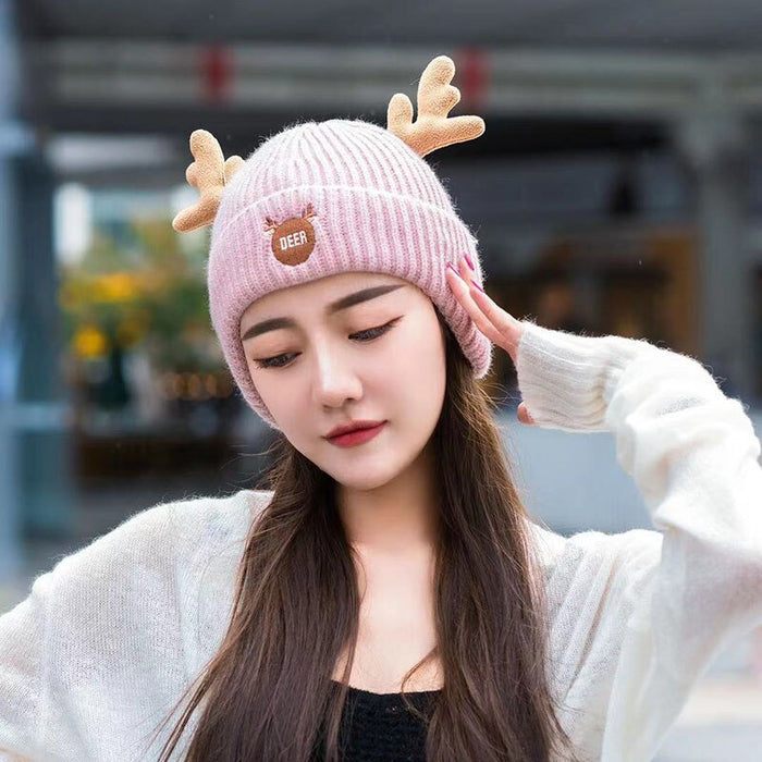 Plush Cotton Knitted Deer Antlers Winter Beanie