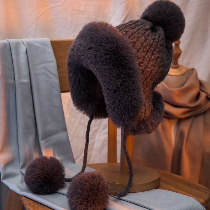 Wool Earflap Pom Pom Hat | Faux Fur Beanie