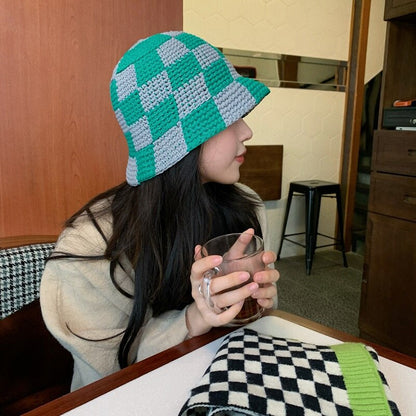 Pure Cotton Knitted Winterized Checkered Bucket Hat