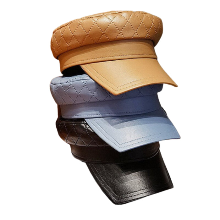 PU Leather Quilted Octagonal Military Cap With Visor