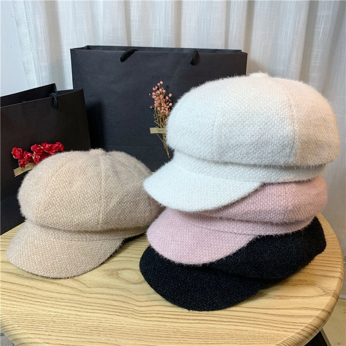 Warm Winter Faux Fur Newsboy Octagonal Cap