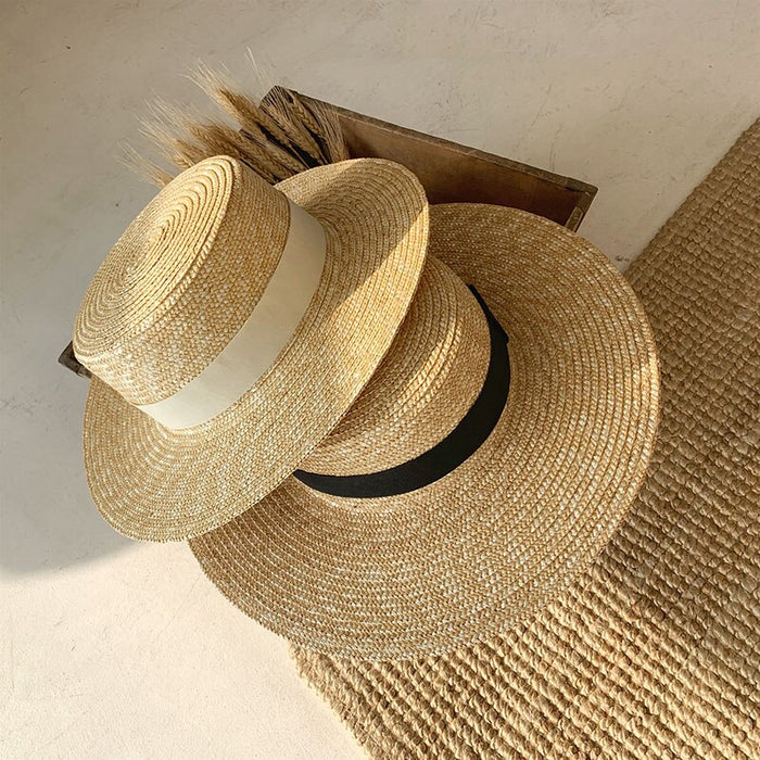 Natural Stiff Wheat Straw Boater Flat Hat