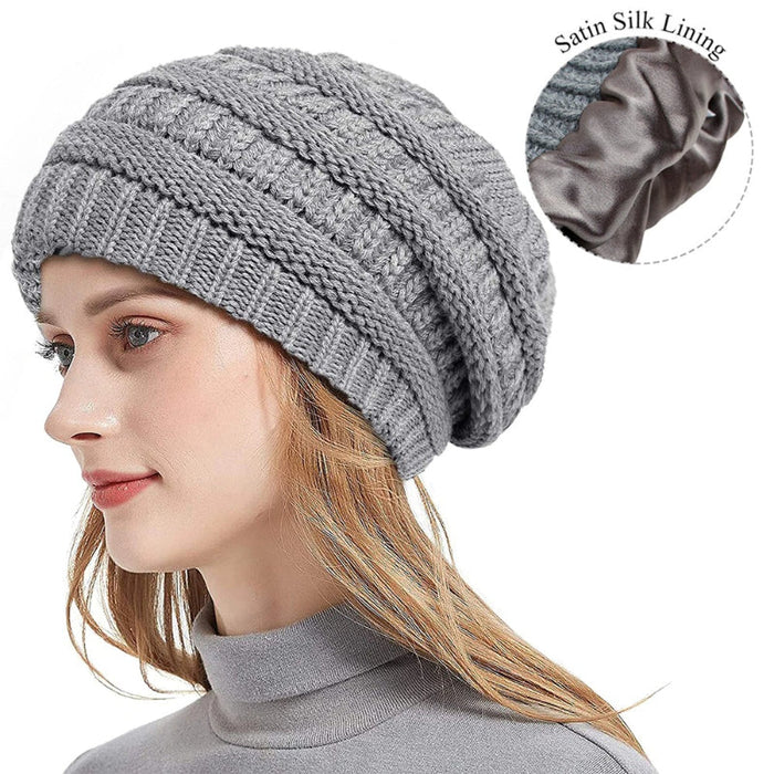 Winter Knit Beanie Silk Satin Lined Cap For Women