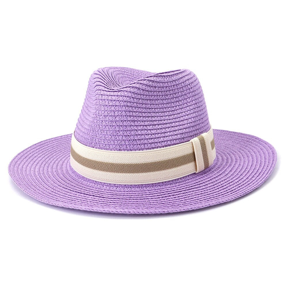 Striped Band Straw Fedora Hat