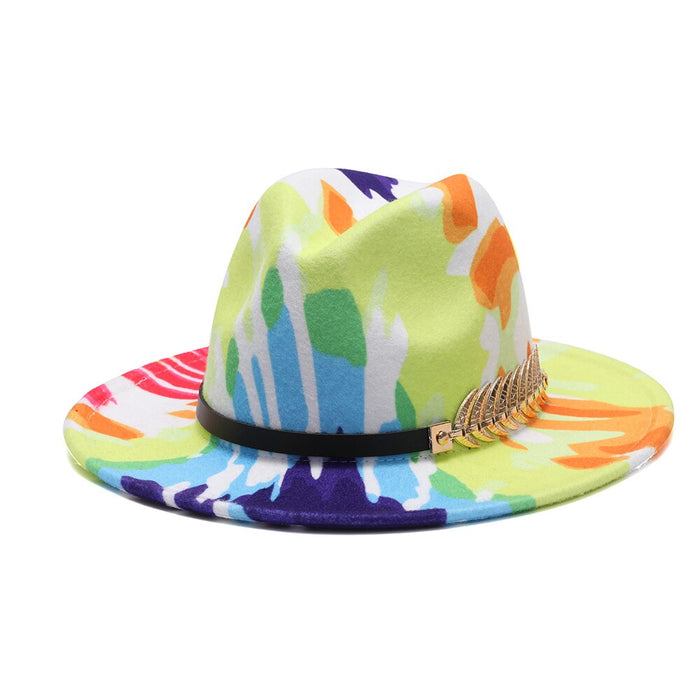 Colorful Abstract Designed Leopard & Black Buckled Fedora