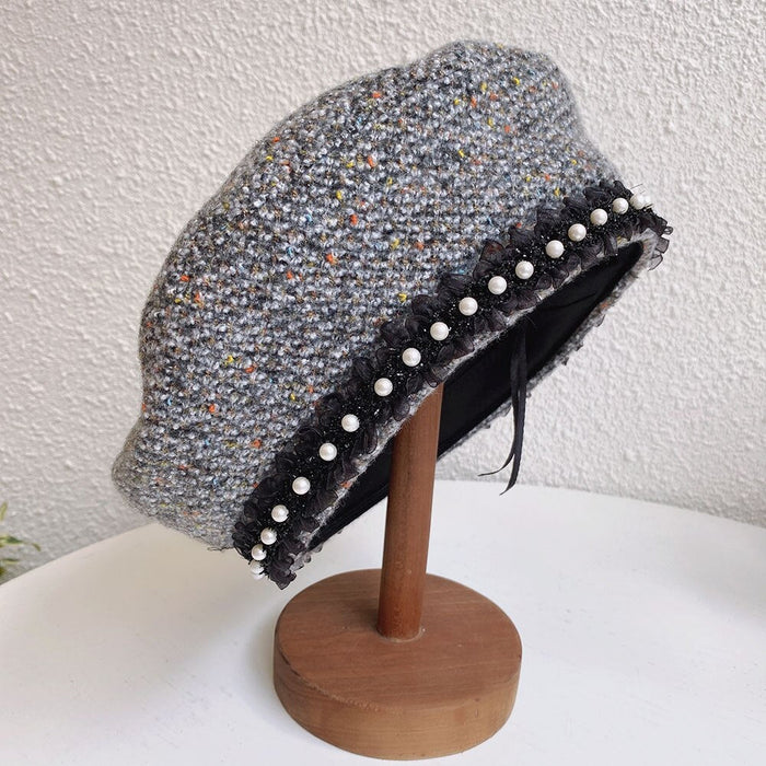 Pearled Adjustable Wool Knitted Painter's Beret