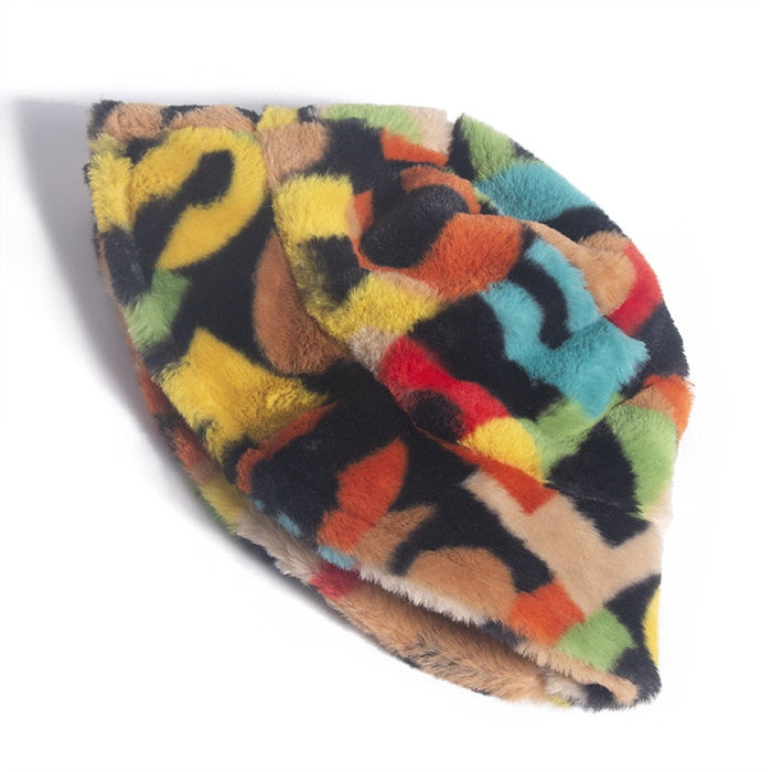 Rainbow Colored Faux Fur Lettered Plush Bucket Hat