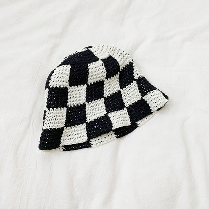 Pure Cotton Knitted Winterized Checkered Bucket Hat