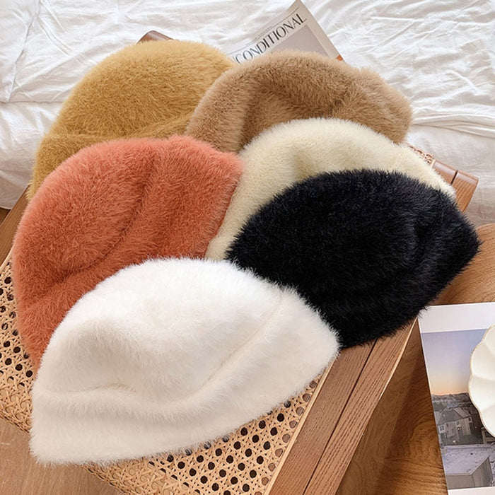 Women's Knitted Rabbit Fur Winter Bucket Hat
