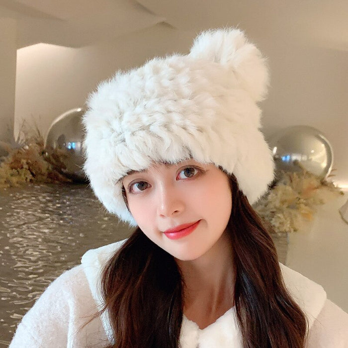 Women's Winterized Knitted Rabbit Fur Beanie Hat