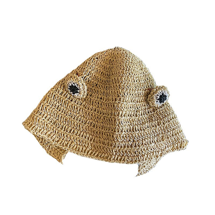 Straw Knit Frog Pom Pom String Hat
