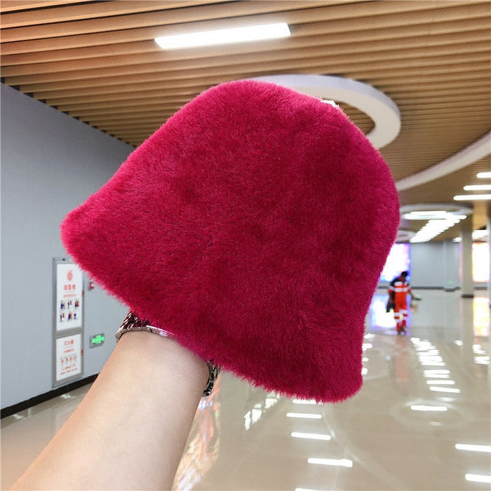 Faux Mink Fur Retrograde Knitted Winter Bucket Hat