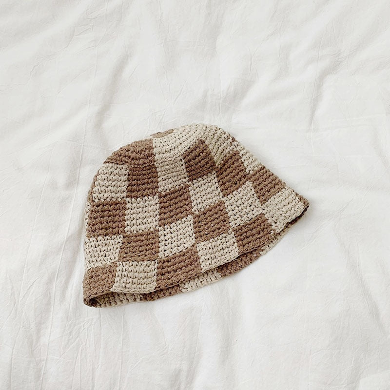 Pure Cotton Knitted Winterized Checkered Bucket Hat