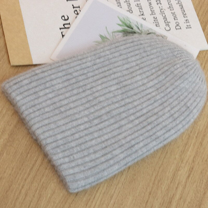 Soft Rabbit Fur Knitted & Striped Winter Beanie