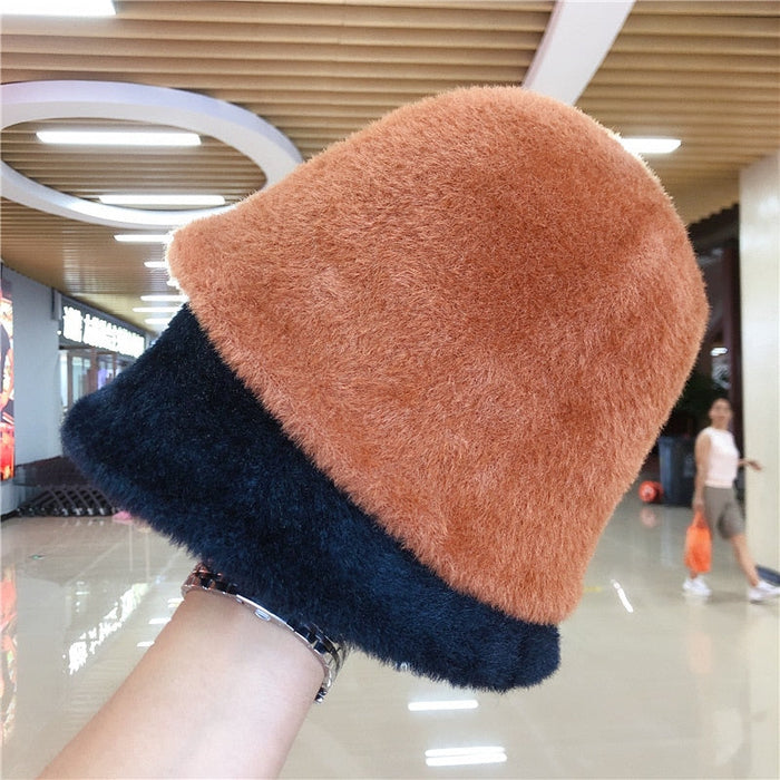 Faux Mink Fur Retrograde Knitted Winter Bucket Hat