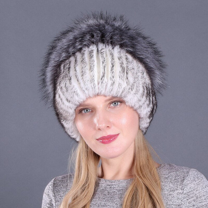 Autumn & Winter Rabbit Fur Knitted Beanie With Pom Pom