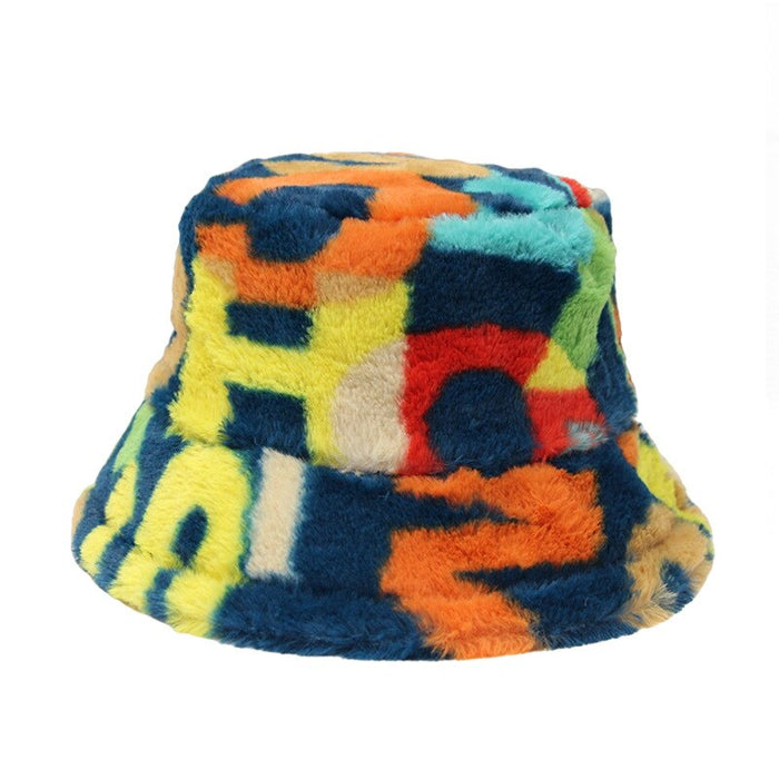 Plush Faux Fur Letter & Polka Dot Patterned Bucket Hat