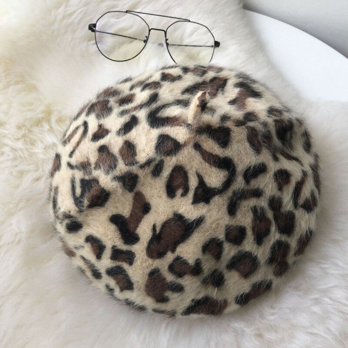 Women Beret Hat Retro Leopard Print Painter Hat