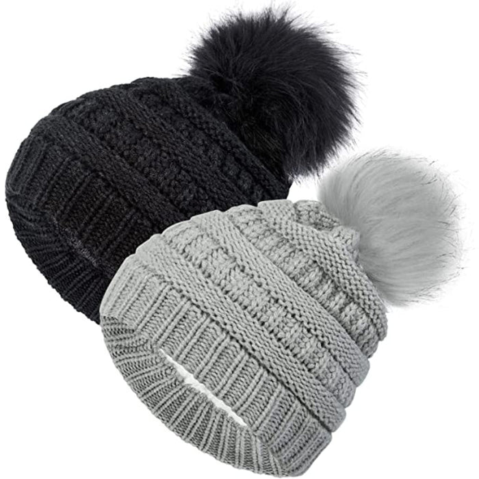 2 Pack Toddler Kids Winter Warm Fleece Lined Beanie Hats For Boys & Girls Crochet Hairball Knit Cap (1-6 Years)
