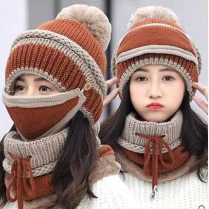 3Pcs Warm Fleece Knitted Scarf Mask Hat Outdoor Combo