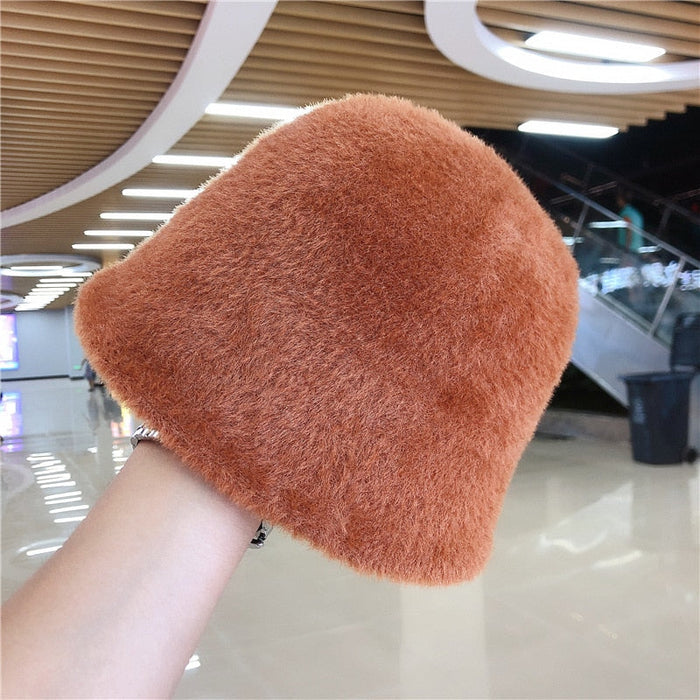 Faux Mink Fur Retrograde Knitted Winter Bucket Hat