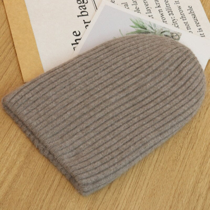 Soft Rabbit Fur Knitted & Striped Winter Beanie