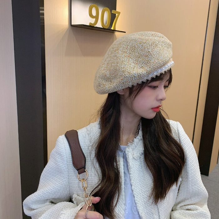 Pearled Adjustable Wool Knitted Painter's Beret