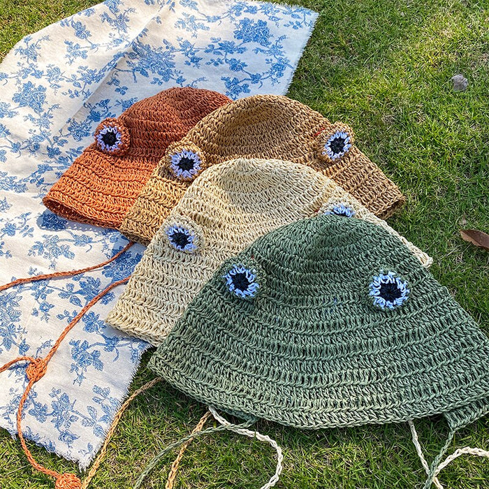 Straw Knit Frog Pom Pom String Hat