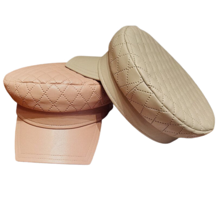 PU Leather Quilted Octagonal Military Cap With Visor