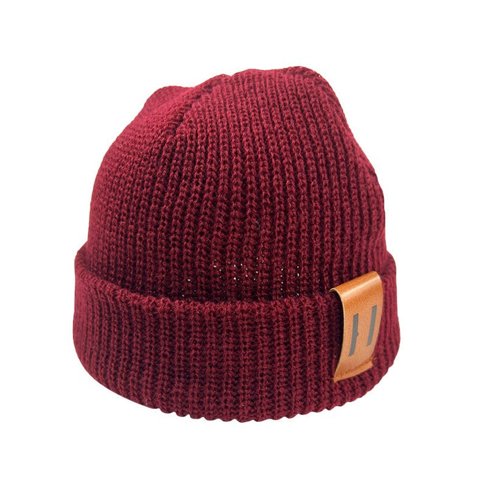 Solid Colored Warm Beanies With Leather Labels