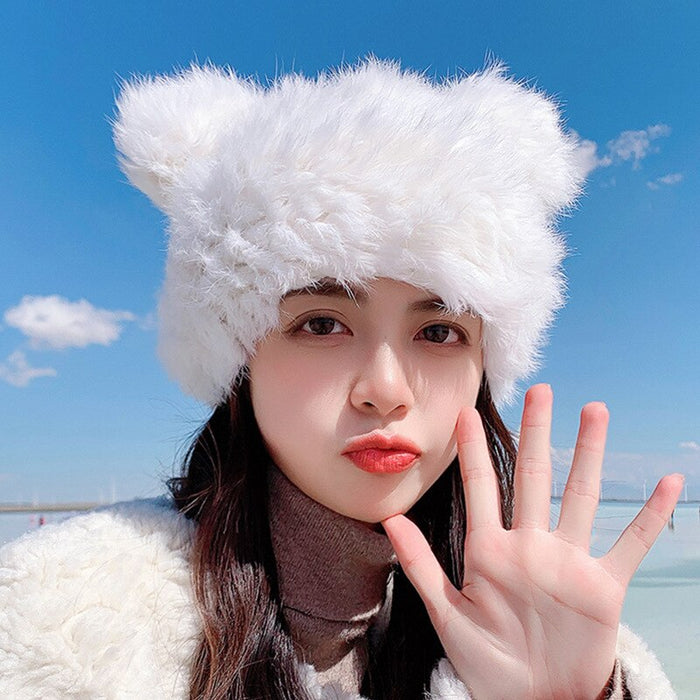 Women's Winterized Knitted Rabbit Fur Beanie Hat