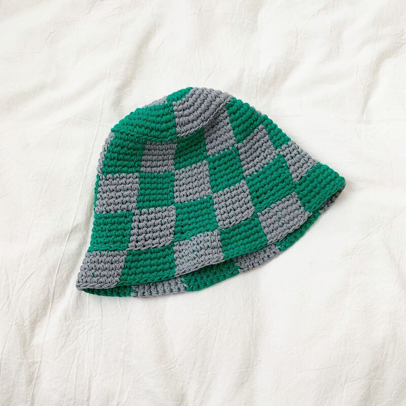 Pure Cotton Knitted Winterized Checkered Bucket Hat