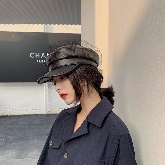 Autumn PU Leather & Mesh Fashionable Hat