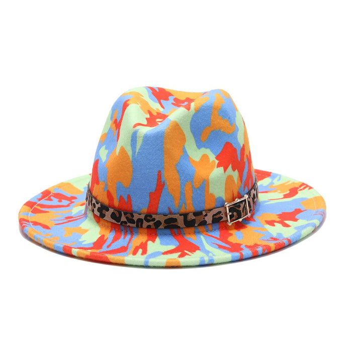 Colorful Abstract Designed Leopard & Black Buckled Fedora
