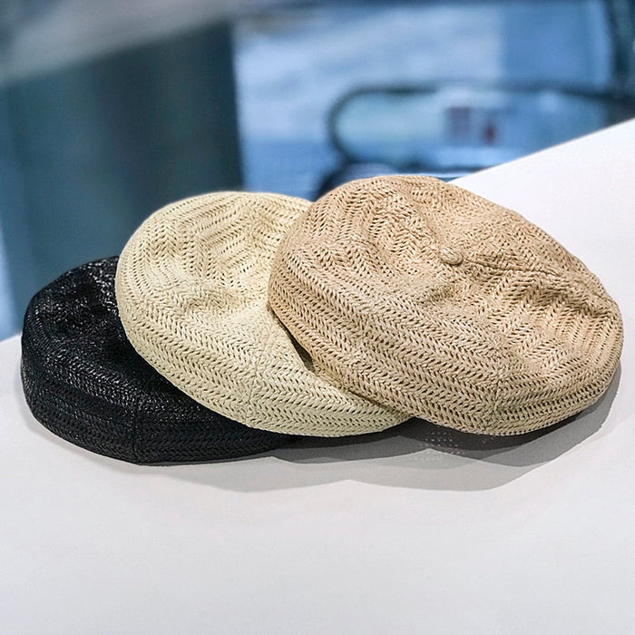 Straw Knit Breathable Retro Octagonal Painter's Beret