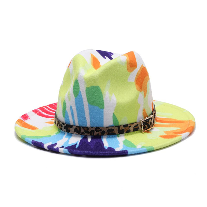 Colorful Abstract Designed Leopard & Black Buckled Fedora