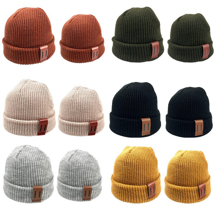 Solid Colored Warm Beanies With Leather Labels