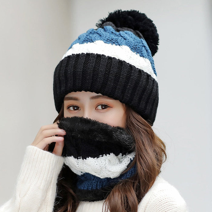 Thickened Striped Wool Beanie & Mask Combo Set